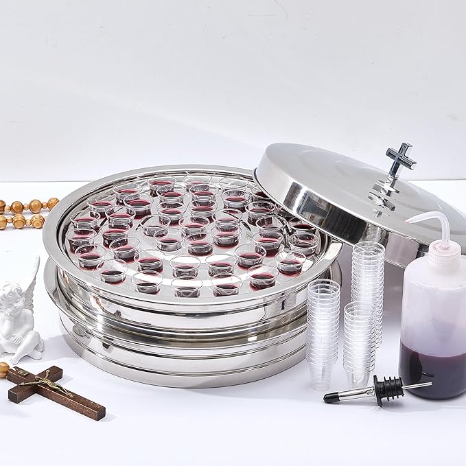 Zhehao 2 Sets Holy Communion Trays for Churches with Lid, Churches Cup Fillers, 100 Disposable Communion Cups (Silver)