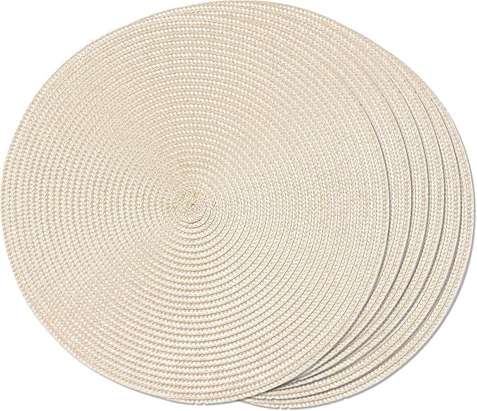 FunWheat Round Braided Placemats Set of 6 Table Mats for Dining Tables Woven Washable Non-Slip Place mats 15 inch(Beige, 6pcs)