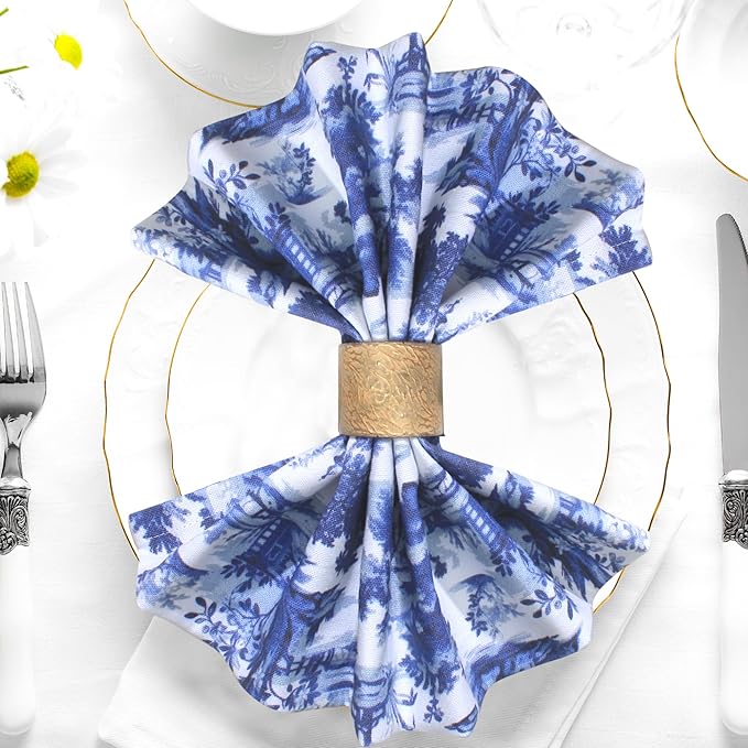 Urban Villa Cloth Napkins 100% Cotton Dinner Napkins Highly Absorbent 20x20 Inches (Set of 12) French Toile Blue Reusable Washable Soft Durable Premium Napkins Ideal for Home Wedding Parties