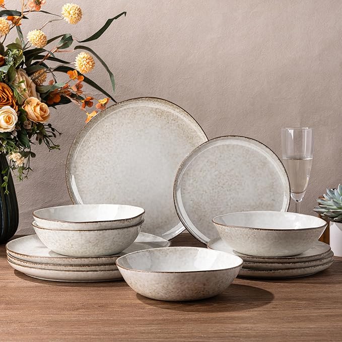 AmorArc Ceramic Dinnerware Sets,Handmade Reactive Glaze Stonewre Plates and Bowls Sets,Highly Chip and Crack Resistant | Dishwasher & Microwave Safe Dishes Set,Service for 4 (12pc)