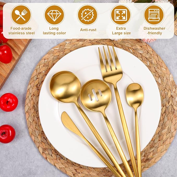 5 Pcs Gold Stainless Steel Serving Utensils Set 10 Inch Gold Serving Flatware Set, Includes Servings Fork, Slotted Spoon, Sugar Spoon, Butter Knife for Buffet, Wedding, Party