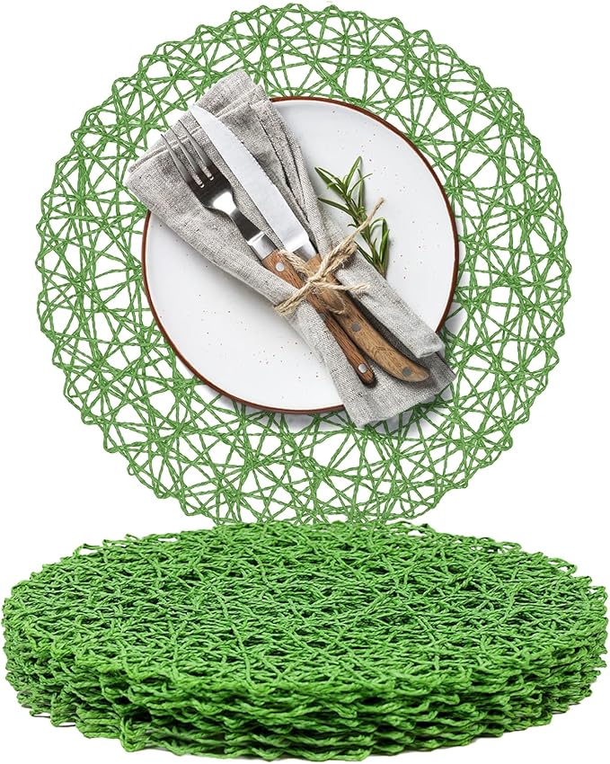 AHHFSMEI Paper Braided Round Placemats Set of 8 Natural Non-Slip Heat Resistant Table Mats for Dining Tables Woven Indoor Outdoor Place mats for(Forest Green,8)