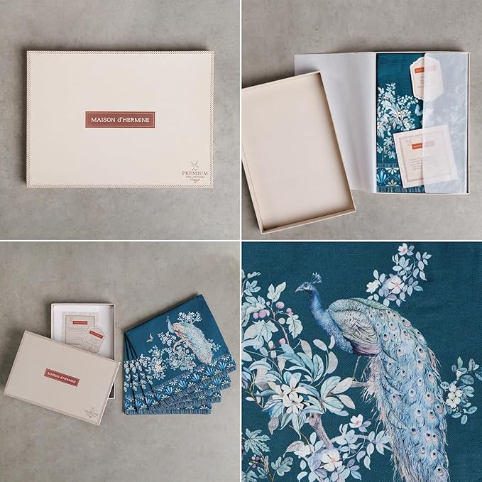 Maison d' Hermine Napkin 100% Combed Cotton Premium 20"x20" Decorative Washable Table Cloth Napkins Set of 4 for Dining, Holidays, Buffet & Wedding Use Campagne - Peacock Utopia - Deep Sea