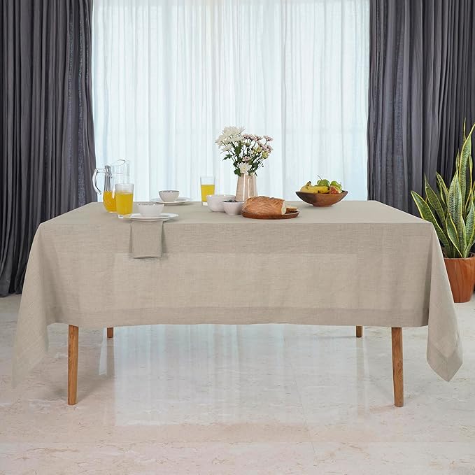 D'Moksha Homes Linen Natural Tablecloth 60 x 90 Inch - 100% Pure Linen Rectangular Tablecloth - Machine Washable Table Cloth for Winter, Christmas, Holiday, New Year