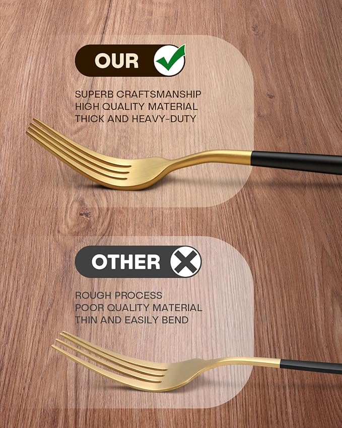 Stapava 60-Piece Matte Black Gold Silverware, Stainless Steel Utensils Cutlery Set for 12, Satin Finish Flatware Include Forks Spoons and Knives for Home Restaurant, Dishwasher Safe