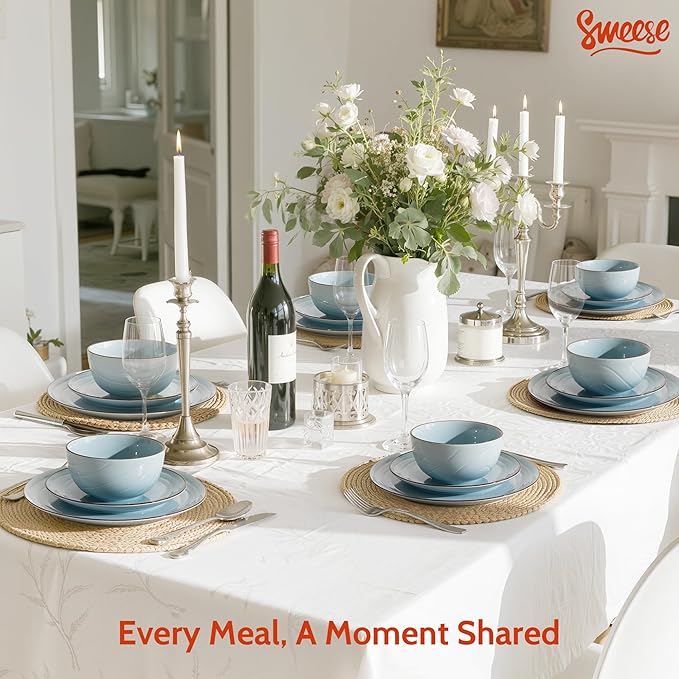 Sweese Porcelain Dinnerware Sets for 6, 18 Pieces Ceramic Plates and Bowls Sets, Handcrafted Minimalist Dinner Set, Chip and Scratch Resistant Dish Set, Dishwasher & Microwave Safe, Gradient Blue