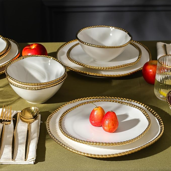 Christian Siriano Akoya Porcelain Dinnerware Set, 24-Piece - Dish Set for 8, Plates and Bowls Set, White and Gold
