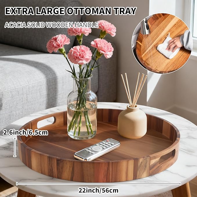 Extra Large 22INCH Premium Acacia Wood Tray Round Ottoman Tray with Handles Wooden Serving Tray Multi-Use for Dinner Breakfast in Bed Coffee Table Snack Entertaining Guests