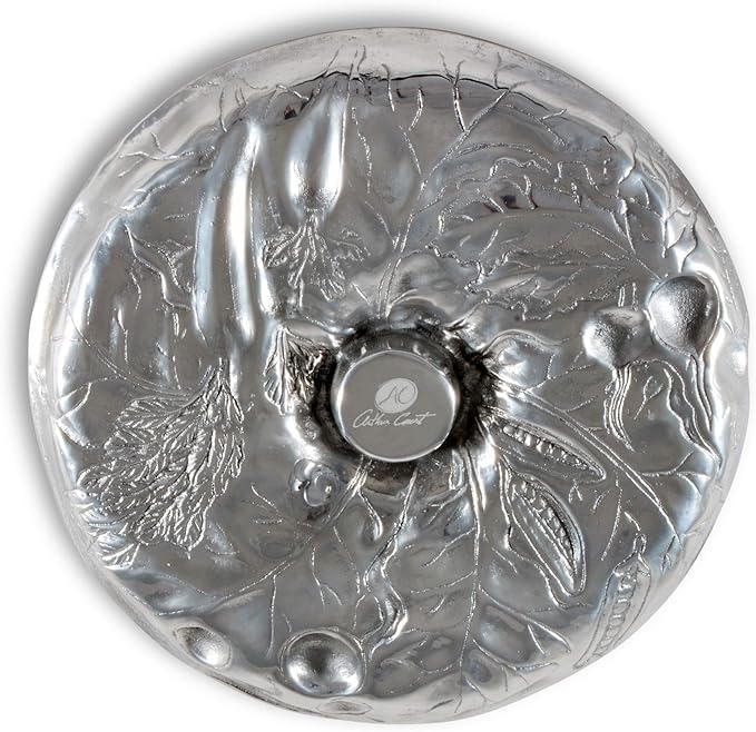 Arthur Court Aluminum Metal Rabbit Bunny Pattern Tidbit Cheese Hors d'oeuvres Tray with Glass for Toothpick - Durable Metal Silver Easter Entertaining 10.5 inch Diameter x 2.5 inch Tall