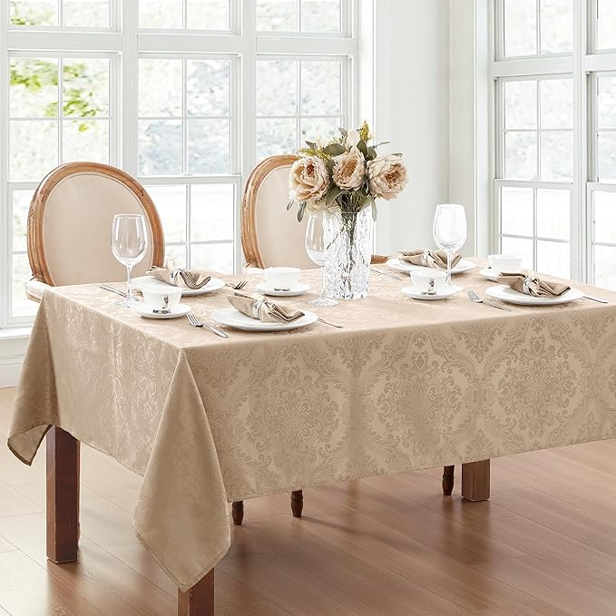 Elrene Home Fashions Caiden Elegance Damask Waterproof, Stain & Wrinkle Resistant Fabric Tablecloth, 60" x 120" Oblong/Rectangle, Taupe
