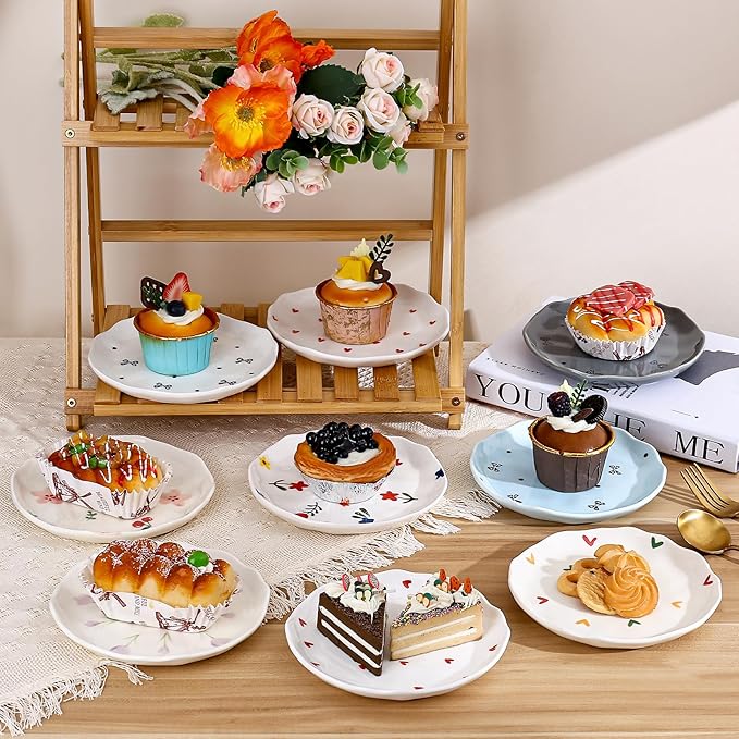 Koythin Ceramic Dessert Plates, Cute Fruits Dinner Plate, Creative Plates Design, Printed Flowers Dinnerware for Office and Home, Kitchen Plates for Desserts (Black Small Bow)