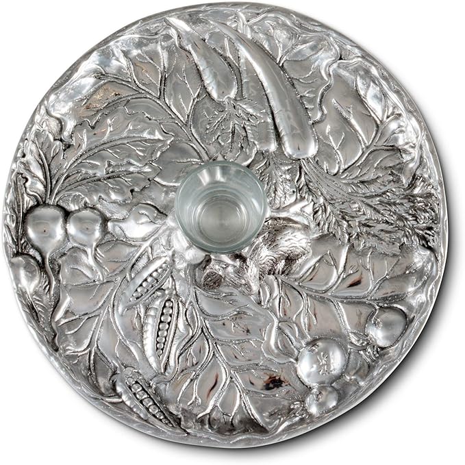 Arthur Court Aluminum Metal Rabbit Bunny Pattern Tidbit Cheese Hors d'oeuvres Tray with Glass for Toothpick - Durable Metal Silver Easter Entertaining 10.5 inch Diameter x 2.5 inch Tall