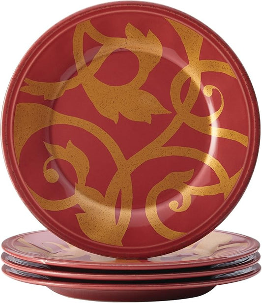 Rachael Ray Dinnerware Gold Scroll 4-Piece Round Appetizer Plate Set, Cranberry Red