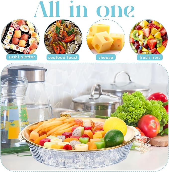 Baderke 1 Set 10" Chilled Serving Tray for Parties with Compartments and Lid Ice Chilled Platter Charcuterie Serving Board for Fruit Seafood Vegetable Appetizer Shrimp Cocktail (Gold)