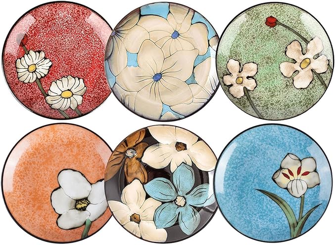 Ceramic Salad Plates Set,8 in - Plates Set of 6 - For Steak,Salad, Pasta,Appetizer, Serving Etc - Dishwasher, Microwave, and Oven Safe, Scratch Resistant, Smooth Glaze (Multicolor A, 8 Inch)