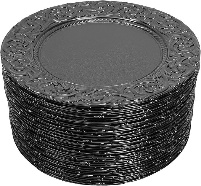 Black Plastic Charger Plates Set of 100, 13” Reusable Party Chargers for Dinner Plates, Elegant Round Service Plate Chargers Bulk Decorative for Wedding, Catering Table Decor