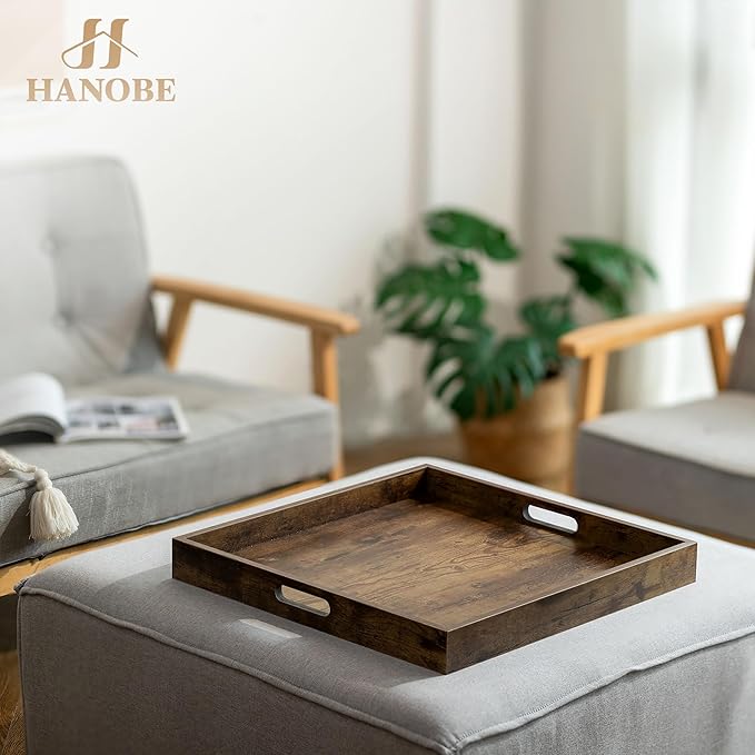 Hanobe Serving Tray for Ottoman Large: Rustic Brown Coffee Table Trays 20 Inch Square with Handles for Living Room - Farmhouse Extra Oversized Wood Decorative Topper for Kitchen Parties