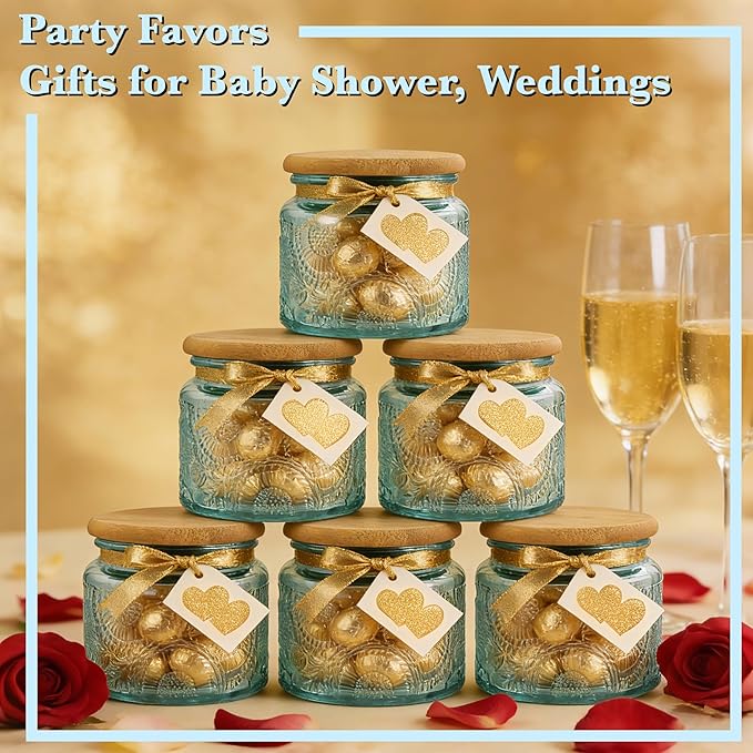 4 oz Blue Mini Glass Jars with Airtight Bamboo Lids 6 pack, Decorative Small Food Storage Canister, Vintage Embossed Home Décor Candle Parties Wedding Baby Shower Favors Gift