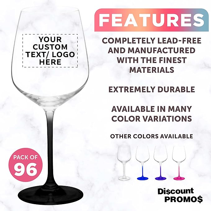 Custom Crystal Wine Glasses 17.5 oz Set of 96, Personalized Bulk Pack - Restaurant Glassware, Perfect for Red Wine or White Wine - Black