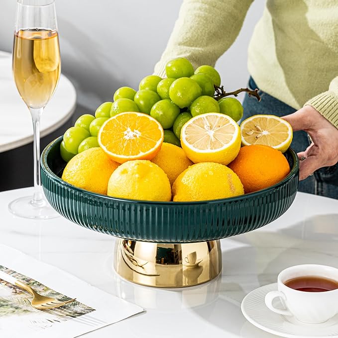 Ceramic Fruit Bowl, 11 Inch Dinner Table and Tea Coffee Pedestal Tray，Elegant and Practical Bread and Fruit Footed Bowls, Salad or Dessert Display Trays for Kitchen Counter (Green).