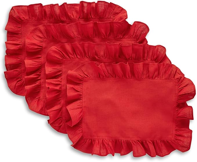 Solino Home Linen Placemats Set of 4-100% Pure Linen Red Placemats 14 x 19 Inch - Gabrielle Ruffle, Handcrafted and Machine Washable - Christmas, New Year