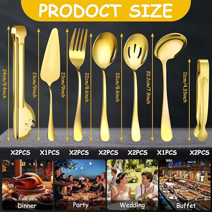12 Pcs Gold Serving Utensils Set Include Stainless Steel Large Serving Spoons Slotted Spoons Forks Soup Ladle Pie Server - Metal Utensils for Parties Buffet Catering, Dishwasher Safe