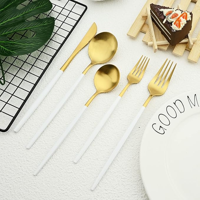 30-piece White and Gold Silverware Set with Steak Knives for 6, 18/0 Stainless Steel Flatware Cutlery Set, Hand Wash Recommended,Matte Finished