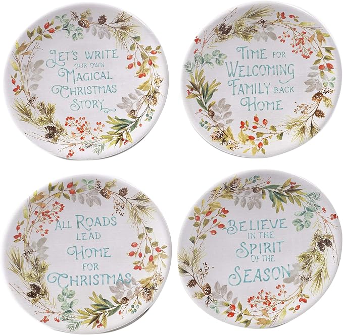 Christmas Story Canape Plates – Set of 4 6-Inch Holiday Luncheon Plates with Heartfelt Sayings – Ceramic Christmas Appetizer Dishes with Winter Greenery & Scripted Seasonal Messages