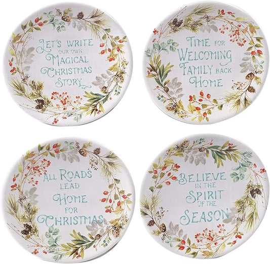 Christmas Story Canape Plates – Set of 4 6-Inch Holiday Luncheon Plates with Heartfelt Sayings – Ceramic Christmas Appetizer Dishes with Winter Greenery & Scripted Seasonal Messages