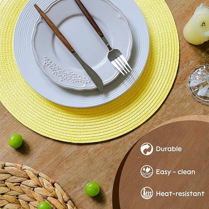 FunWheat Round Braided Placemats Set of 8 Table Mats for Dining Tables Woven Washable Non-Slip Place mats 15 inch(Lemon Yellow, 8pcs)