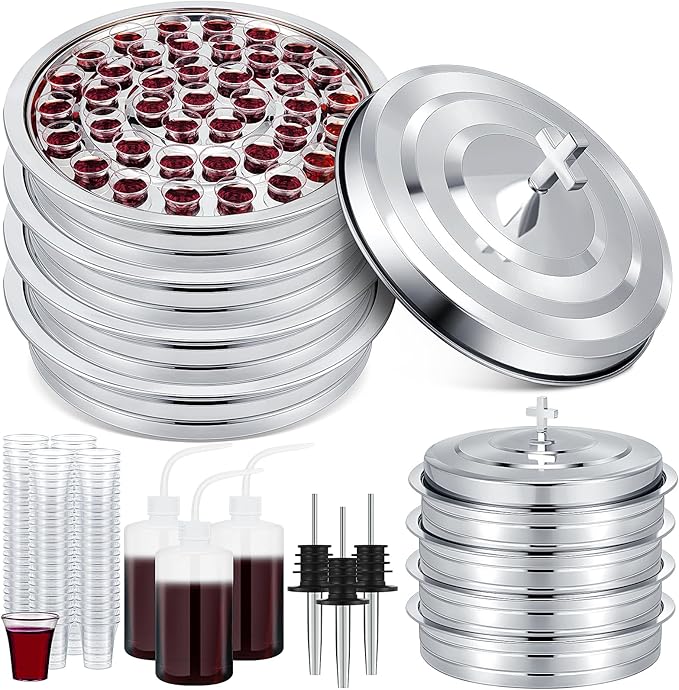 Zhehao 4 Sets Holy Communion Trays for Churches with Lid, Including 300 Disposable Communion Cups, 3 Churches Cup Fillers, 3 Spouts (Silver)