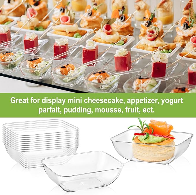 Zezzxu 100 Pack 1.6 oz Mini Dessert Cups, Clear Plastic Reusable Small Rectangle Party Serving Tiny Bowls for Individual Appetizers, Trifle, Cheesecake, Hors D'oeuvres