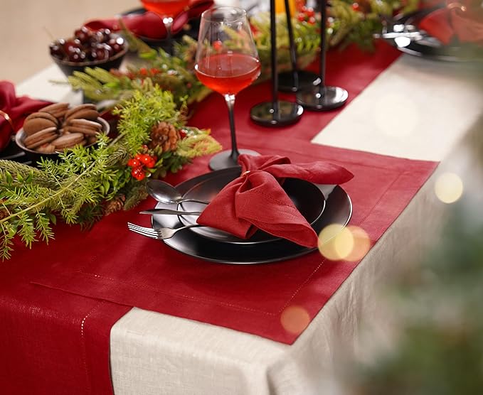 Home Ekaa 100% Linen Red Table Runner 14 x 72 Inch Long -Washable Cloth Fabric Hemstitch Runner for Christmas, Fall, Winter, Holiday & New Year - Elara