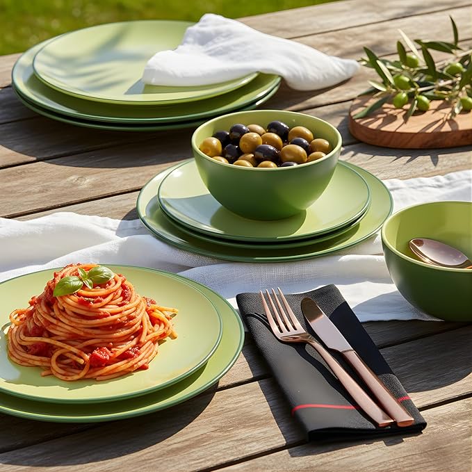 TP 12-Piece Dinnerware Set, Melamine Dishes Set with Bowls and Plates, Non-breakable and Lightweight Dinner Service for 4, Avocado Green