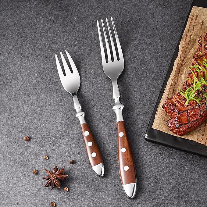 30-piece wooden handle silverware set for 6, premium stainless steel flatware set, retro brown utensils cutlery set, mirror finished forks spoons and knives set, dishwasher Safe