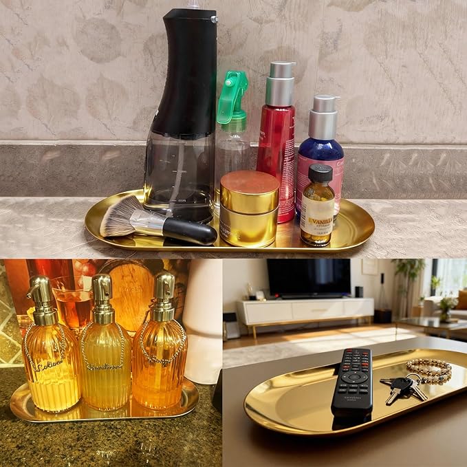 8 Pack 12 Inch Oval Stainless Steel Decorative Tray, Stainless Steel Tea Fruit Tray, 12 inch Gold Oval Trays for Bathroom Vanity, Jewelry, Perfume & Key Organizer (Gold)