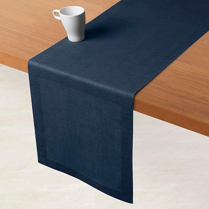 D'Moksha Homes Linen Navy Blue Table Runner 120 Inches Long - 100% Pure Linen Dining Table Runner 14 x 120 Inch for Winter, Christmas, Holiday, New Year - Machine Washable