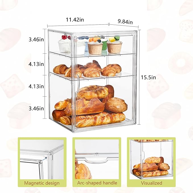 Pastry Display Case,Bread Box for Kitchen Countertop,4 Layers Adjustable Clear Bread Storage with Magnetic Door Bakery Pastry Display15.5x11.4x9.8inch,4 Pack