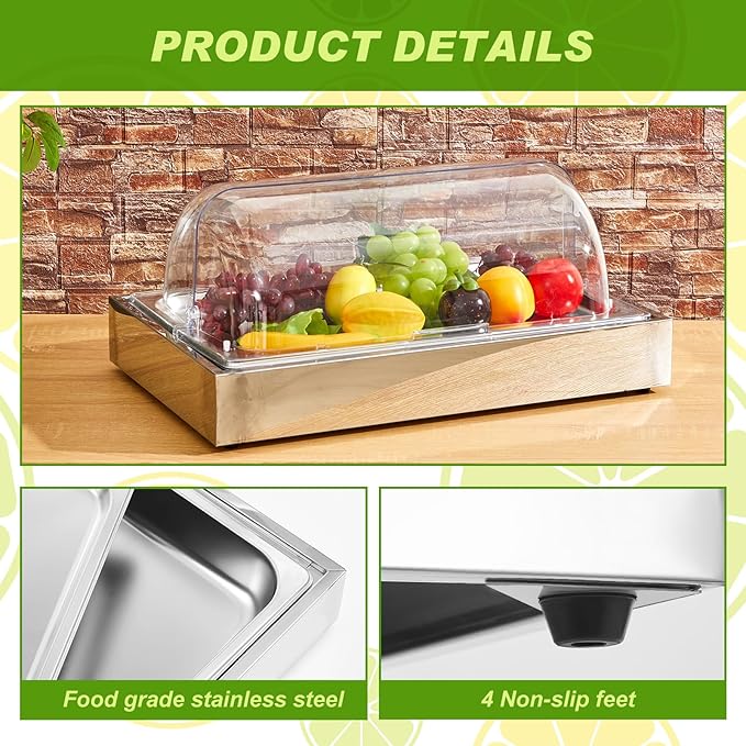 Uiifan Salad Bar Buffet Station for Home, Ice Food Serving Display Tray with Clear Roll Top Cover, Cold Food Buffet Server Trays with Clamps Spoons Ice Box for Restaurant Kitchen Party(Classic)