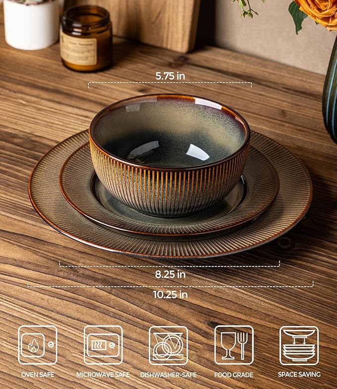 TheTerra Stoneware Dinnerware Sets for 6, 18 Pieces Ceramic Lightweight Plates and Bowls Sets, Scratch Resistant Embossed Dish Set, Oven, Microwave & Dishwasher Safe, Coca Mocha