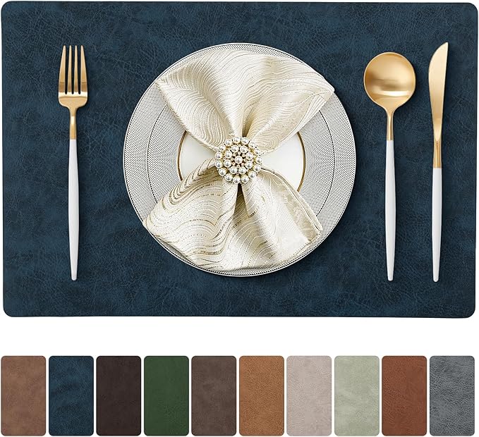 Placemats Set of 4 Reversible Dual-Color Table Placemats, Faux Leather 100% Waterproof Oil-Proof Wipeable Place Mats, Heat Resistant Dual Sided Table Mats for Kitchen/Dining/Party (Blue&Yellow