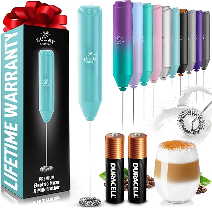 Zulay Kitchen Powerful Milk Frother Handheld with 2 Duracell AA Batteries – Ultra Fast Frother Wand Electric Drink Mixer for Coffee, Lattes, Cappuccinos, Matcha & Hot Chocolate – Portable Foam Maker