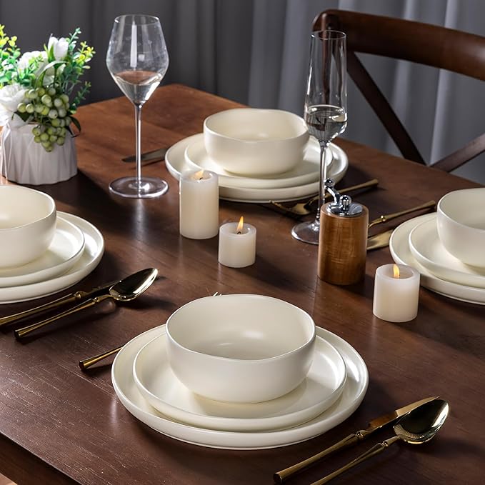 AmorArc Ceramic Dinnerware Sets, Wavy Rim StonewarePlates and Bowls Sets, Highly Chip and Crack Resistant | Dishwasher & Microwave & Oven Safe Dishes set, Service for 4 (12pc)
