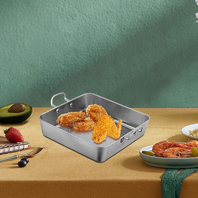 Generic Snack Tray Fries Plate with Handles Square Stainless Steel Serving Tray Baking Tray for Meat Roasting Turkey Roasting Chicken, Silver, 25x25cm