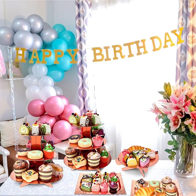 Zopeal 7 Pcs Dessert Table Display Set 3-Tier Cupcake Stand 1-Tier Cup Cake Display Tower Platters and Serving Trays Cardboard Cake Cookie Holders for Wedding Birthday Party Baby Shower(Rose Gold)