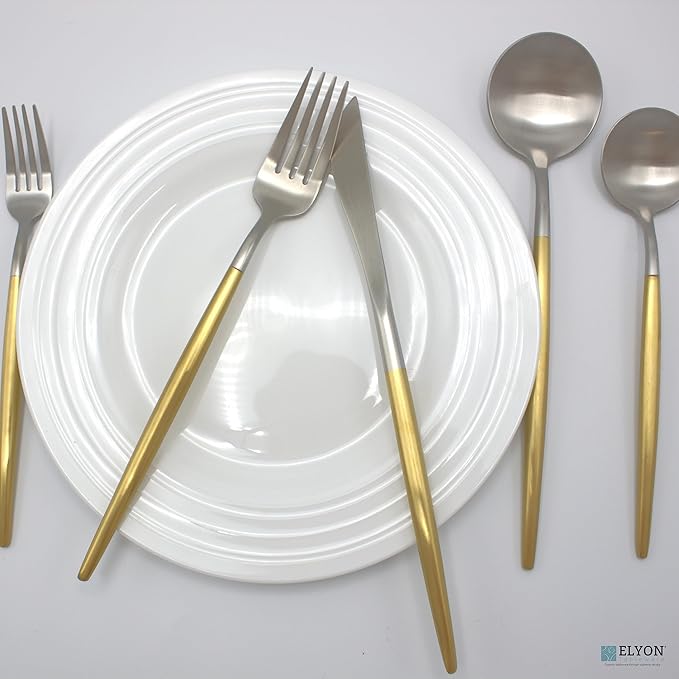 Elyon Lea 20 Piece Matte Silver/Gold Flatware Set, 18/10 Stainless Steel Gold Thin Handles Silverware, Service for 4, Sturdy Cutlery Set, Heavy Duty Modern Satin Finish