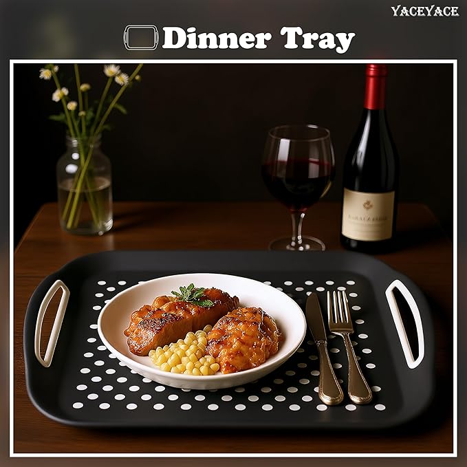Food Trays, Serving Trays Set, 2 Pack Black Food Trays - Non Slip, Silicone Grippy Dots Lap, Serving Trays for Food, Drink, Fruit, Dessert