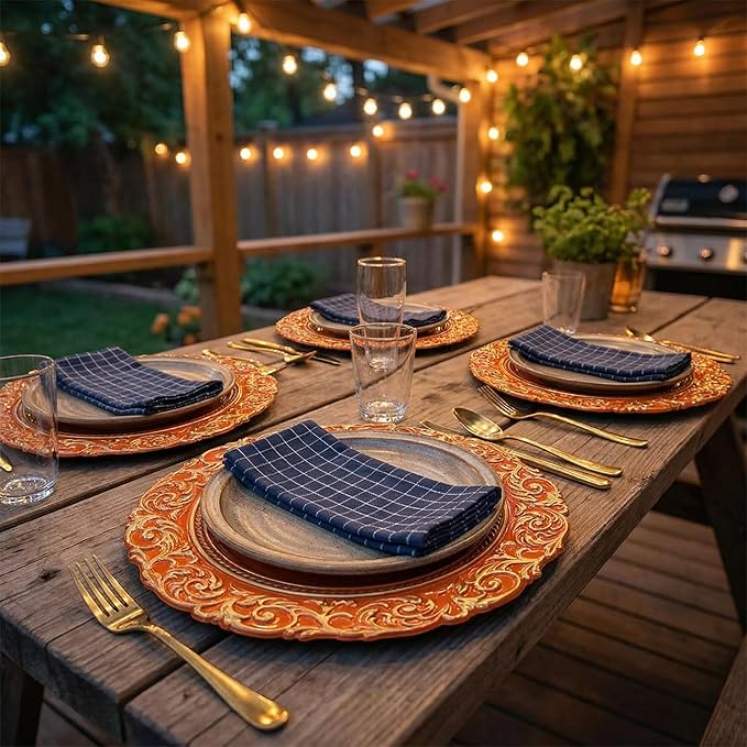 Orange Charger Plates with Gold Embossed Rim, 13 Inch Plastic Charger for Dinner, Party, Wedding, Table Setting. (Set of 6)