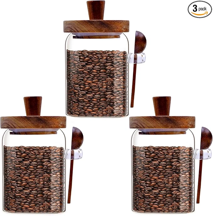 3PCS Spice Jars Overnight Oats Containers with Airtight Lid and Wooden Spoon,17 OZ Glass Food Storage Canisters, Glass Jars for Coffee Bean, Sugar, Dry Goods,Cookie,Candy,Cereal,Tea,Salt