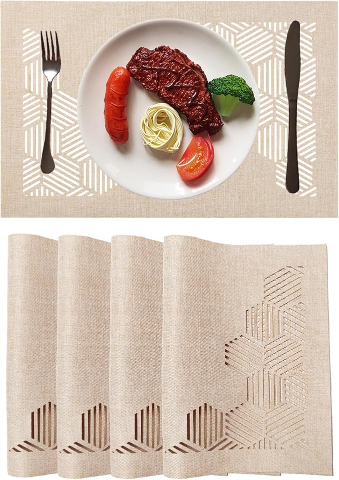 Decorative Placemats Set of 4 for Dining Table, Cloth Placemats with Hollow Design Table Cloth Set, Table Mats for Dining Table 12"x18" Sand
